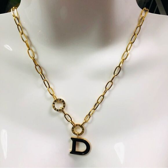 Designer Inspired Gold  Plated Black D Necklace - Picture 6 of 15